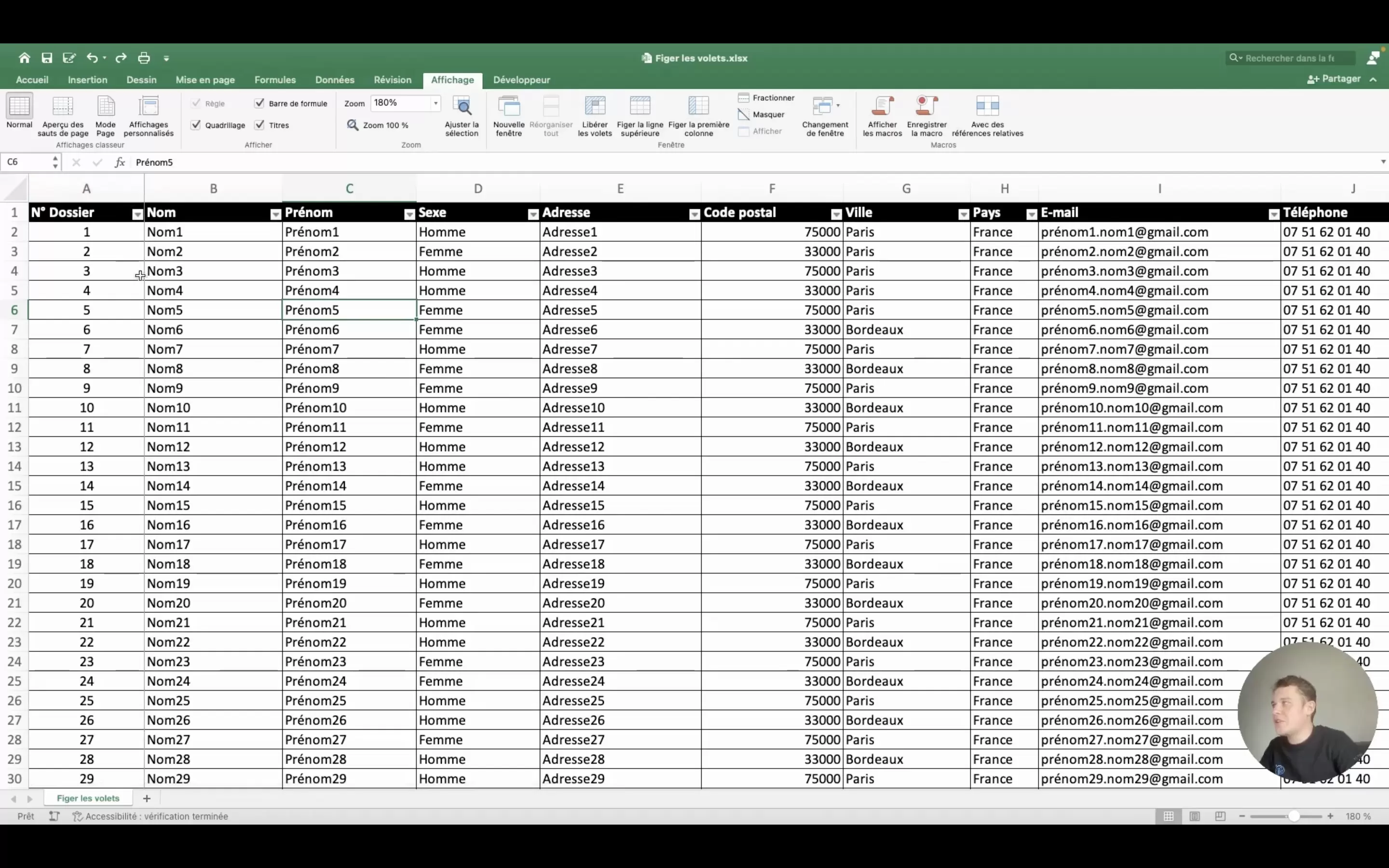 Figer les volets excel