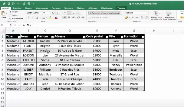 Feuille Excel