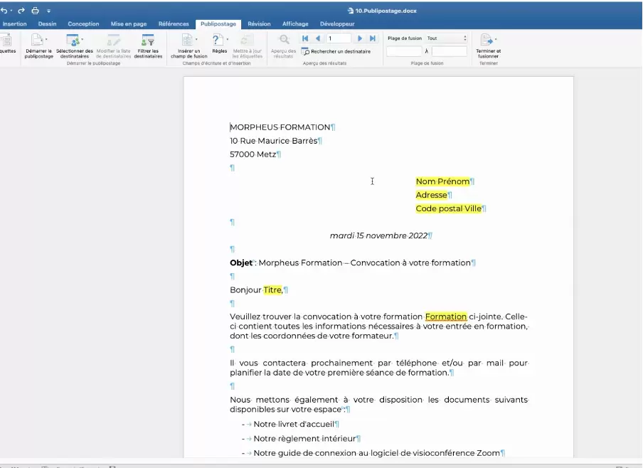 Publipostage Word Excel