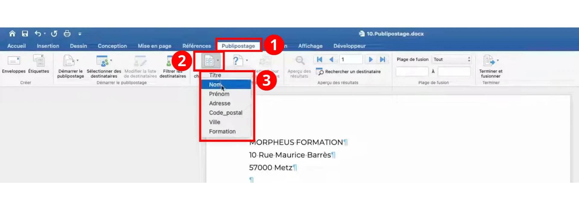 Insérer un champs de fusion pour réaliser un publipostage sur Word