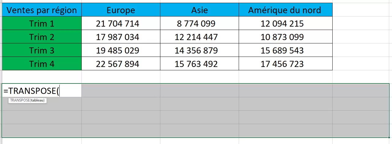 Fonction TRANSPOSE () Excel