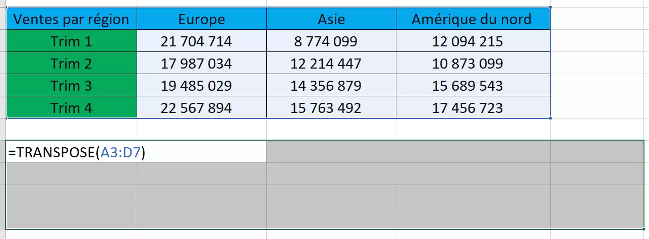Fonction TRANSPOSE () Excel