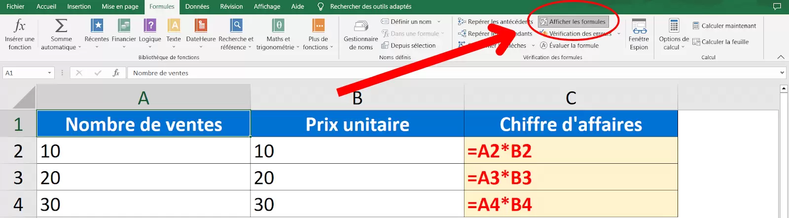 Afficher les formules