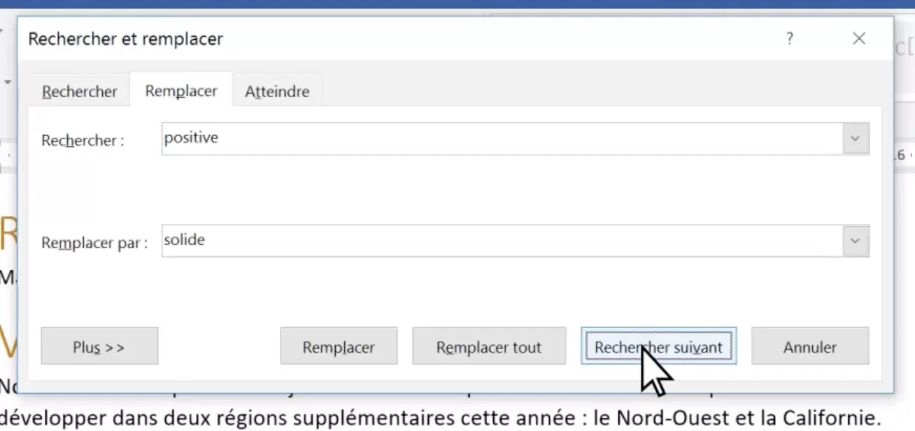 Boite de dialogue pour Rechercher sur Word