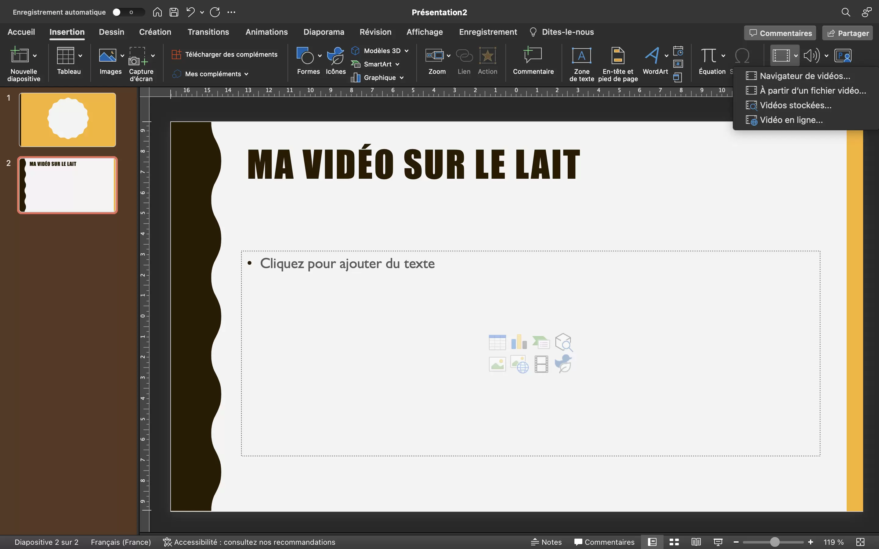 Menu pour insérer une vidéo PowerPoint