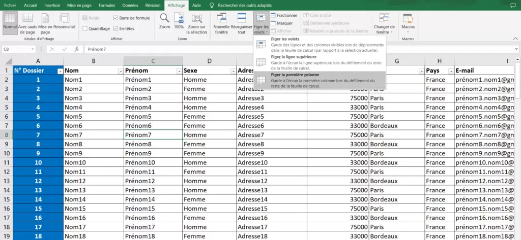 Figer la première colonne dans une feuille de calcul Excel