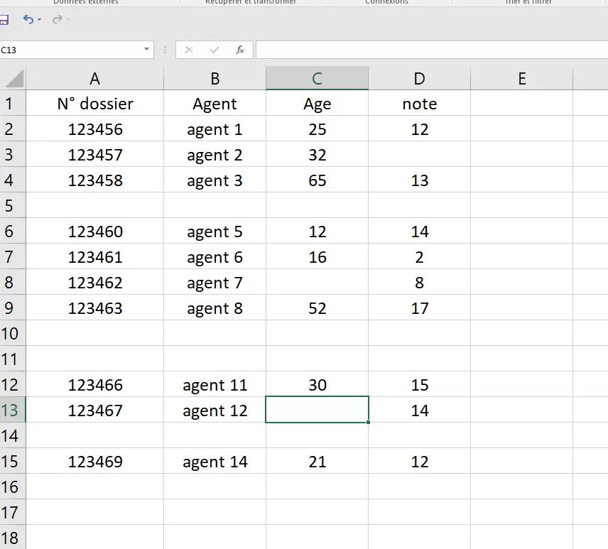 Tableau d'exemple filtre Excel