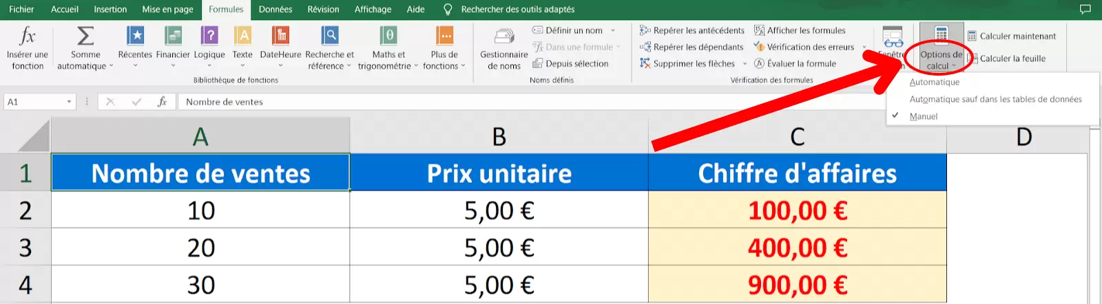 Mode de calcul automatique désactivé