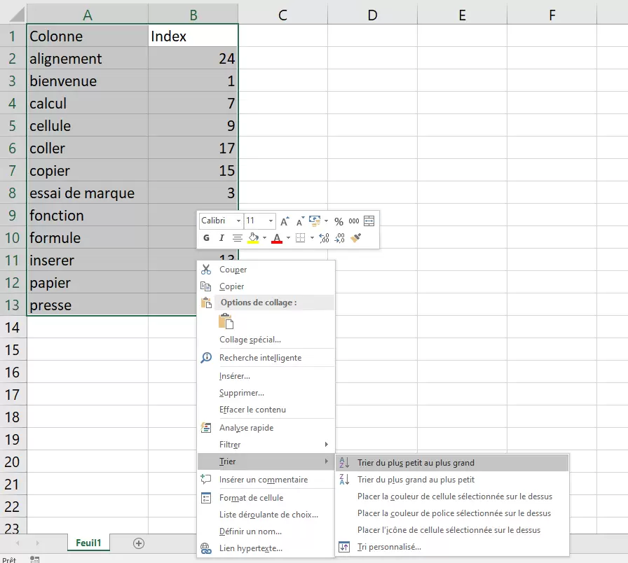 Index - faire un tri ascendant