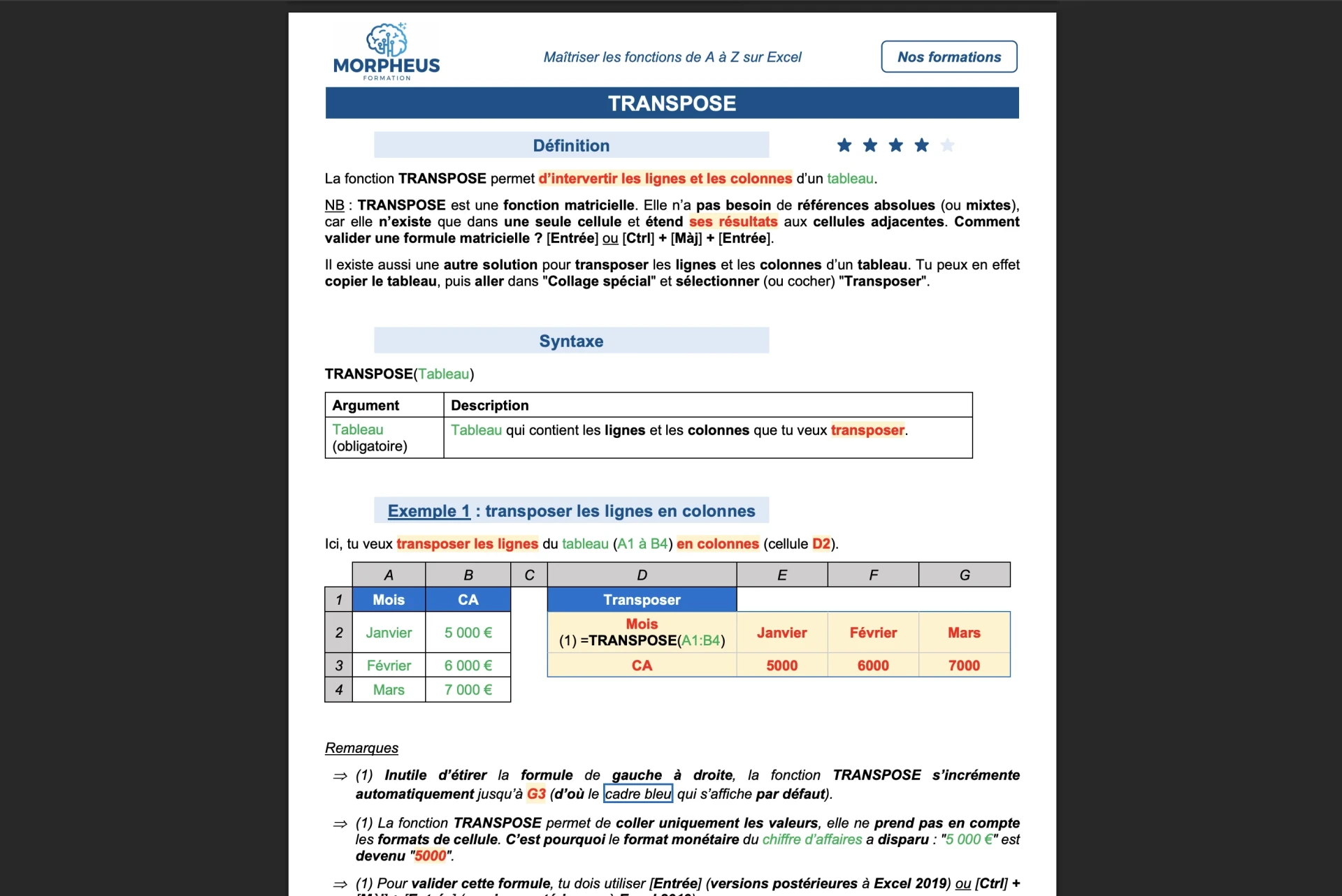 Fiche PDF sur la fonction TRANSPOSE Excel