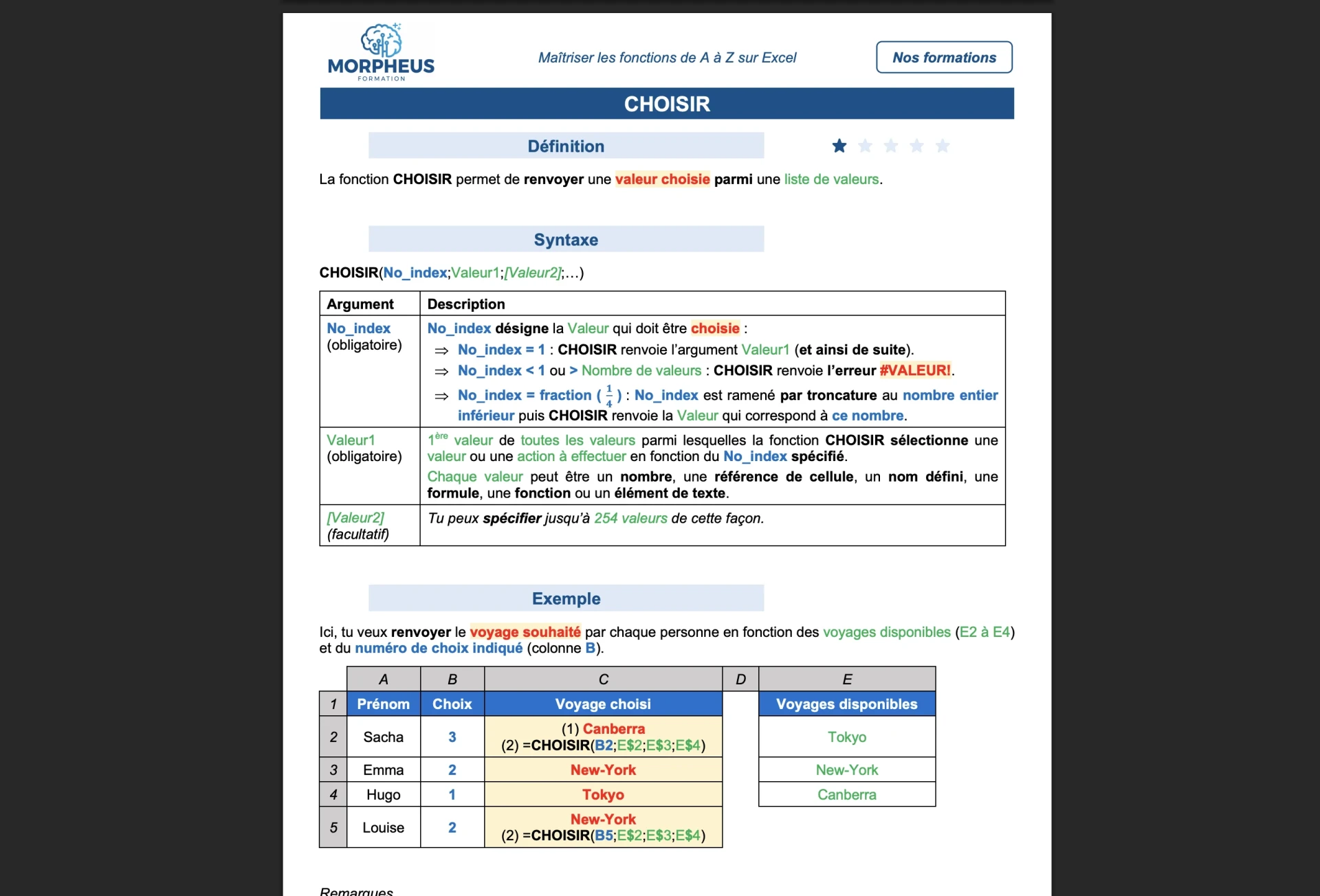 Fiche PDF fonction CHOISIR EXCEL