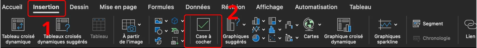 Nouvelle case à cocher Insertion et case à cocher