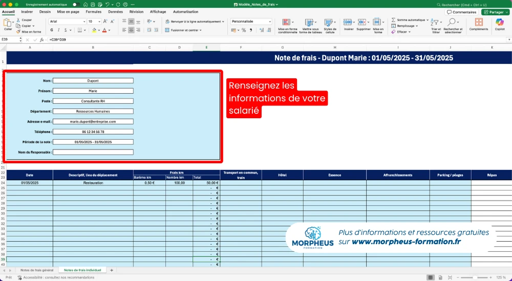Fichier Excel note de frais onglet des informations sur le salarié