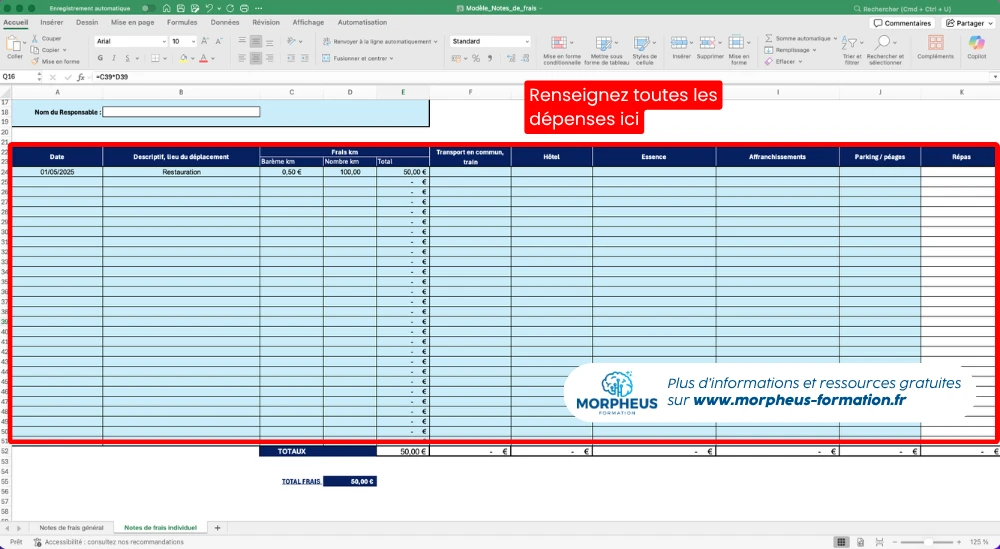 modèle note de frais Excel colonnes des informations des dépenses