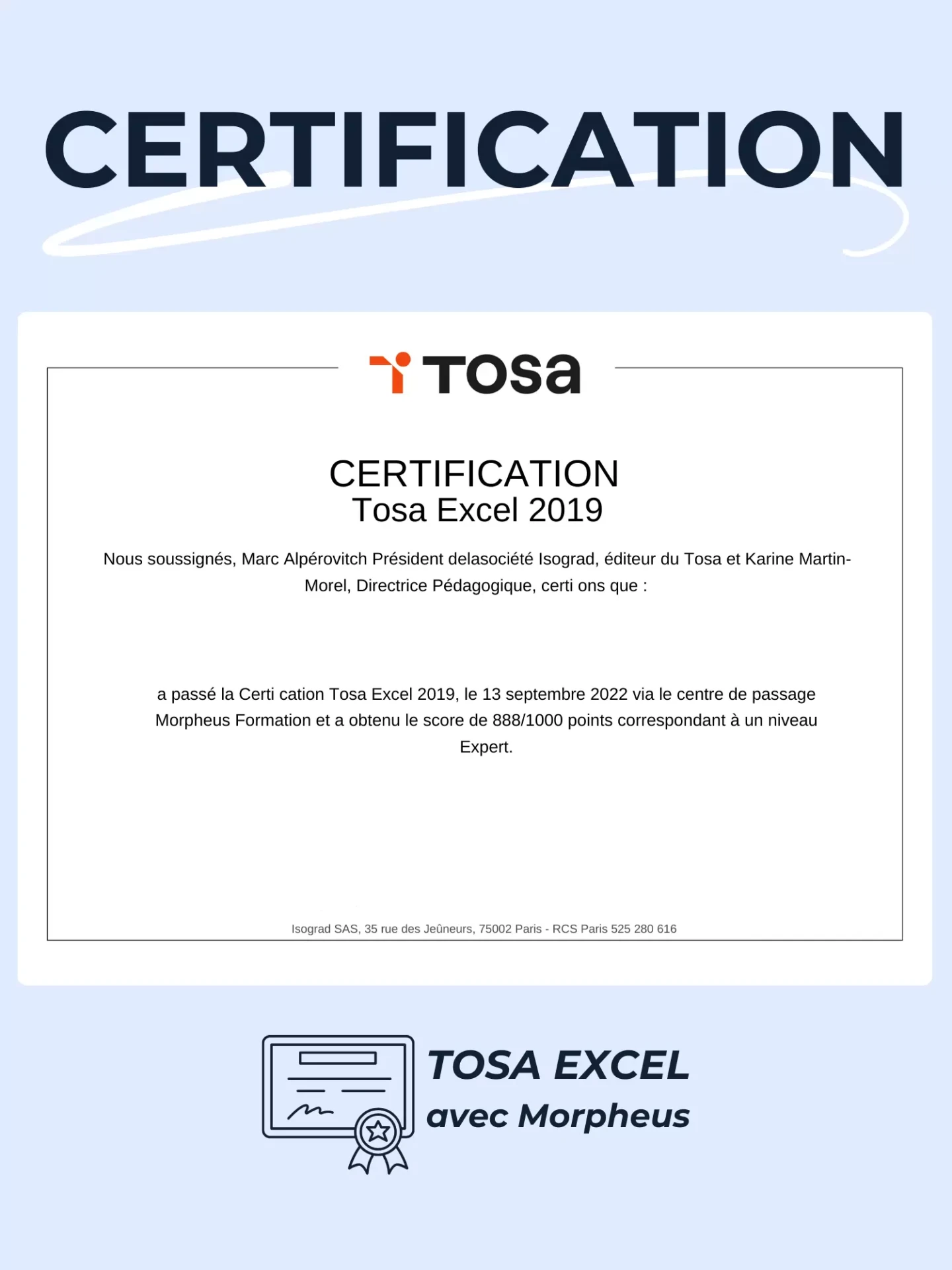 Certification TOSA EXCEL avec Morpheus