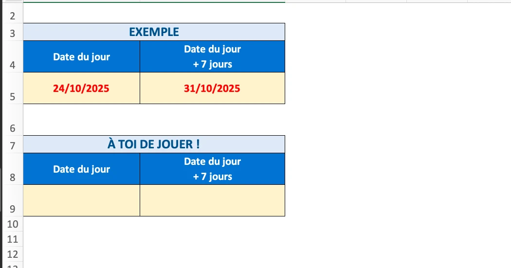 Visuel - exercice fonction AUJOURDHUI Excel