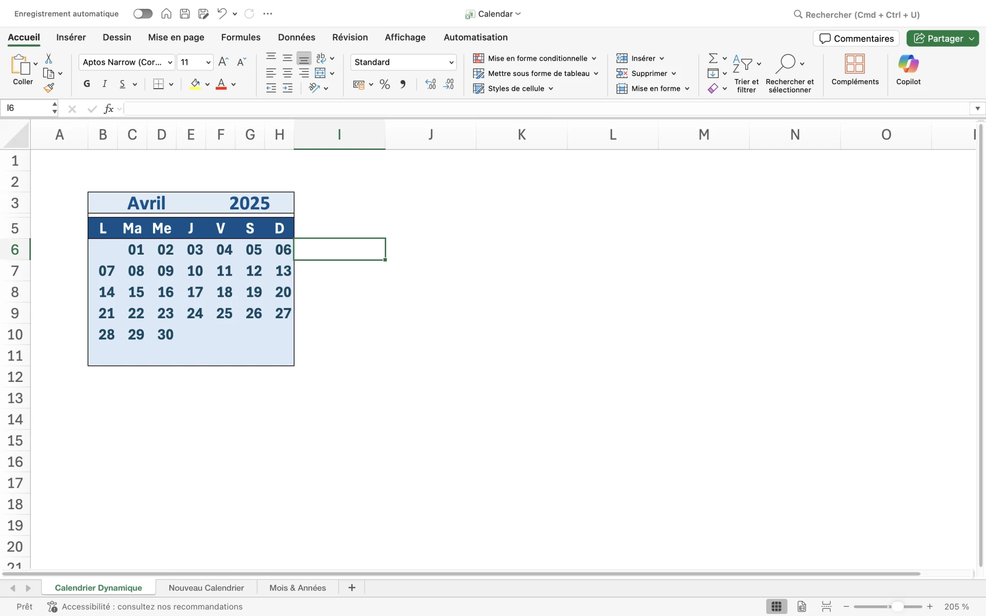 Calendrier Excel automatique gratuite