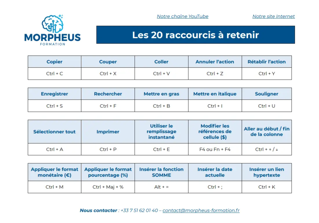 Les 20 raccourcis clavier Excel Ă retenir - PDF de Morpheus Formation