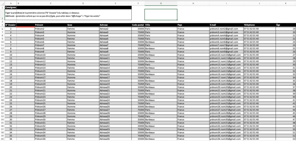 Capture de notre exercice pour apprendre à figer les volets sur Excel