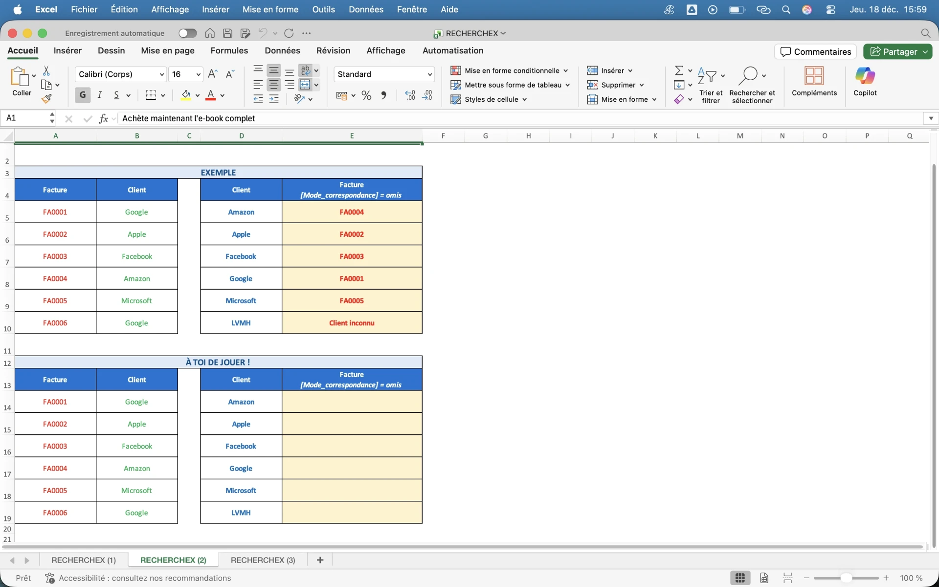 Fonction RECHERCHEX excel 3 exercices pour devenir meilleur