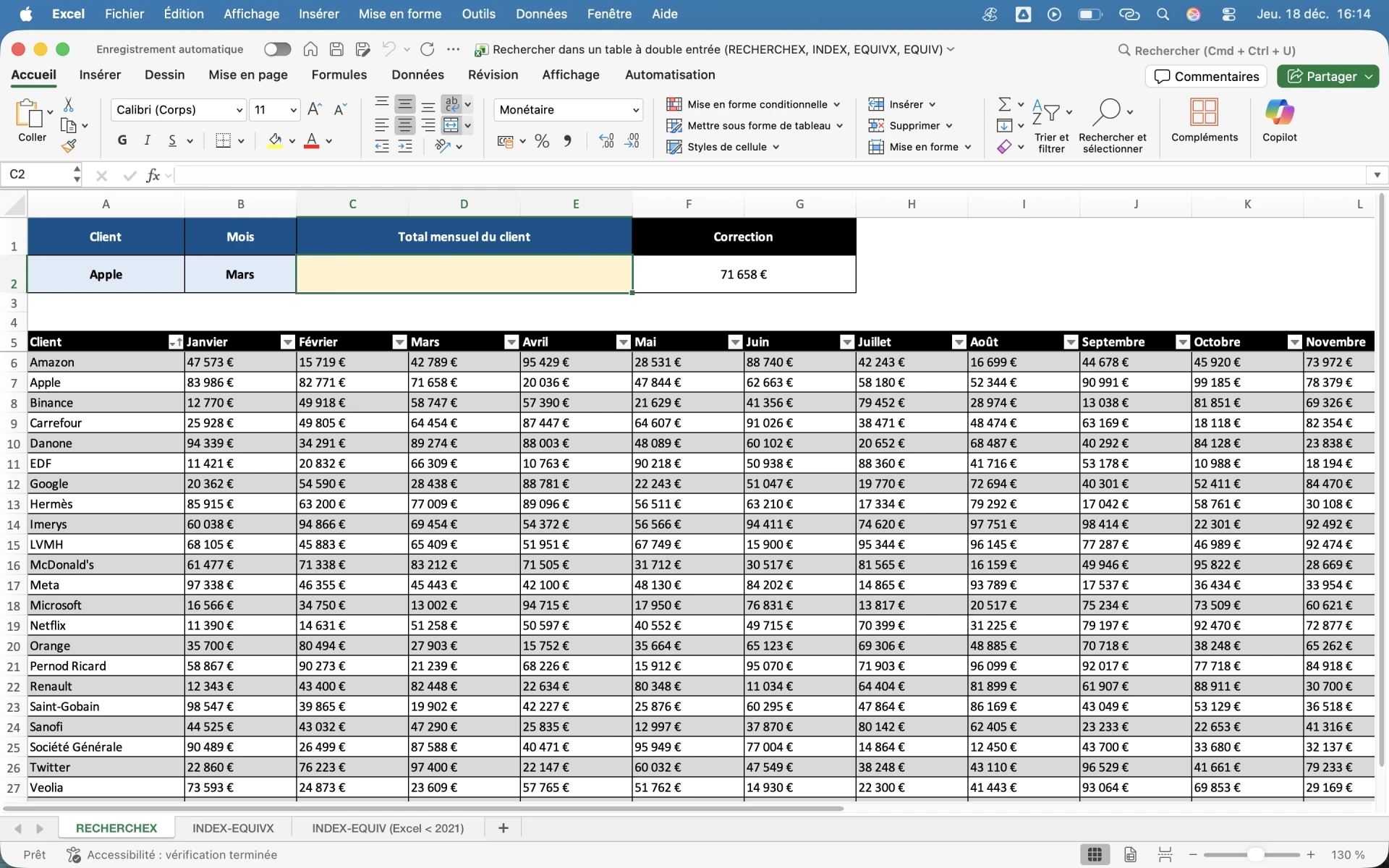 Rechercher dans un table à double entrée (RECHERCHEX, INDEX, EQUIVX, EQUIV)