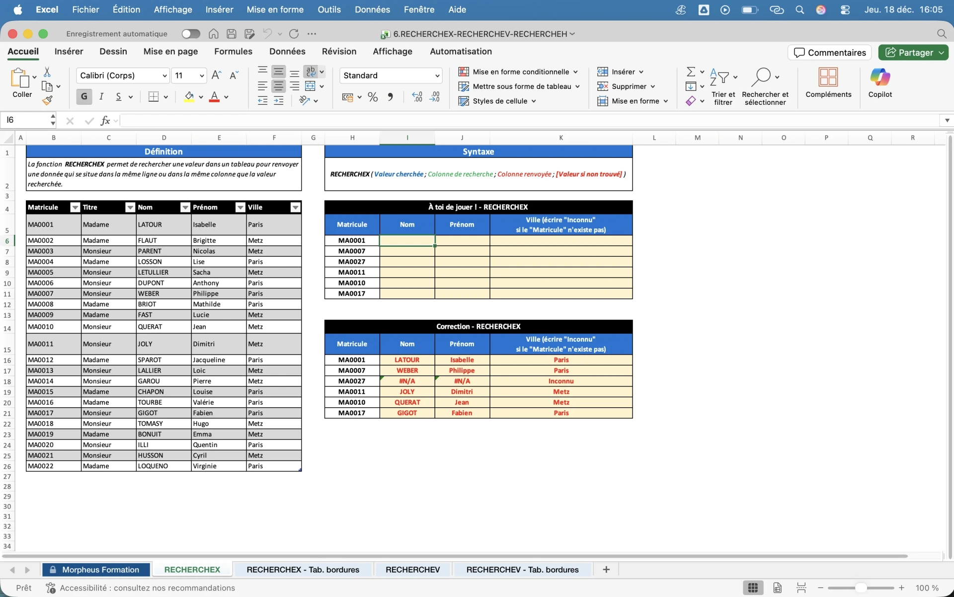 RECHERCHEX RECHERCHEV sur Excel