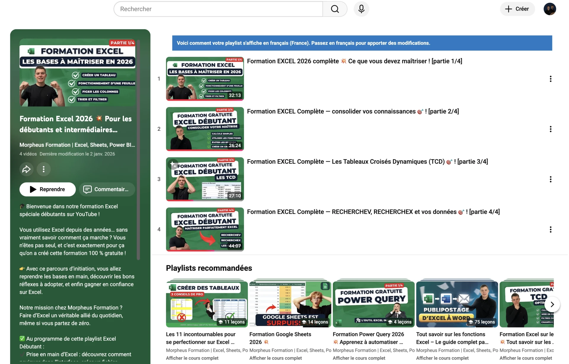Formation gratuite débutants sur Excel - vidéos youtube