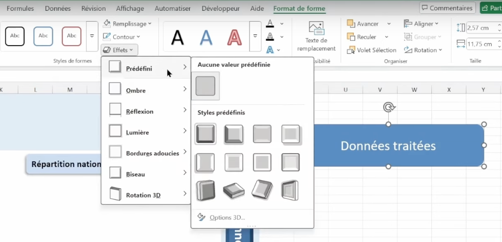 Onglet pour personnaliser une forme sur Excel