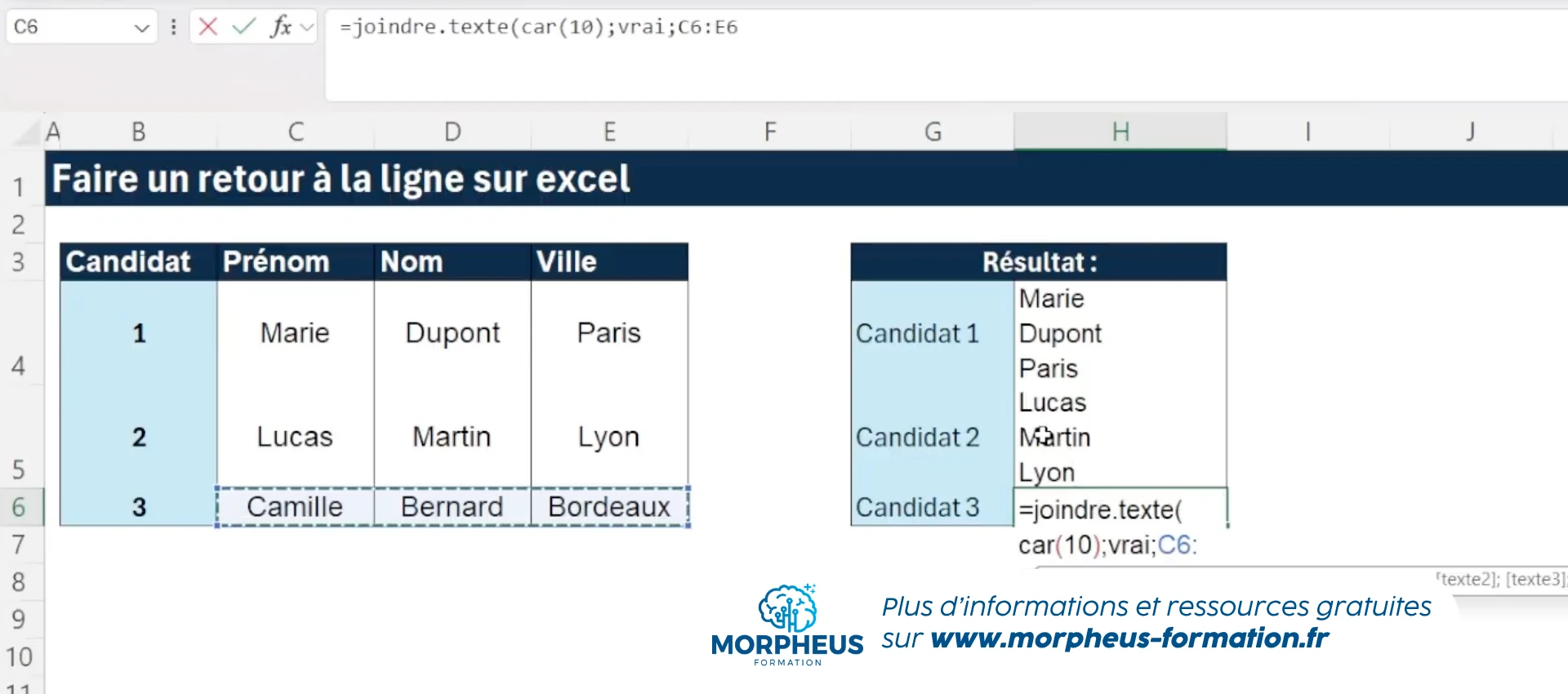 aller à la ligne Excel avec ma fonction CAR et JOINDRE.TEXTE