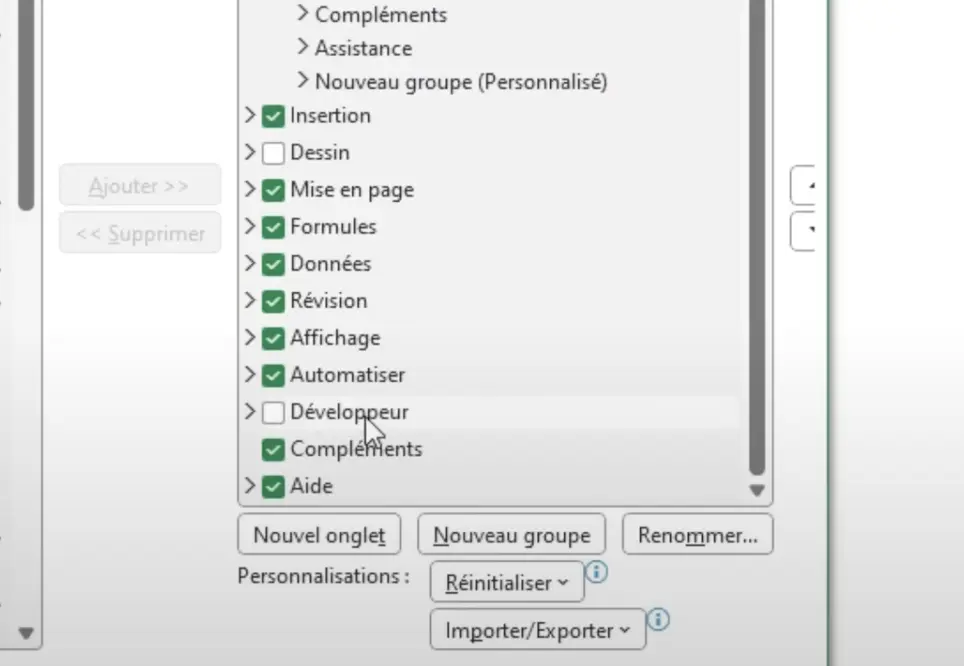 Onglet Développeur Excel