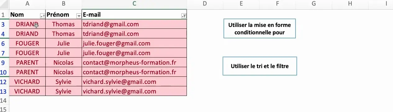 Résultat - filtrer les doublons Excel