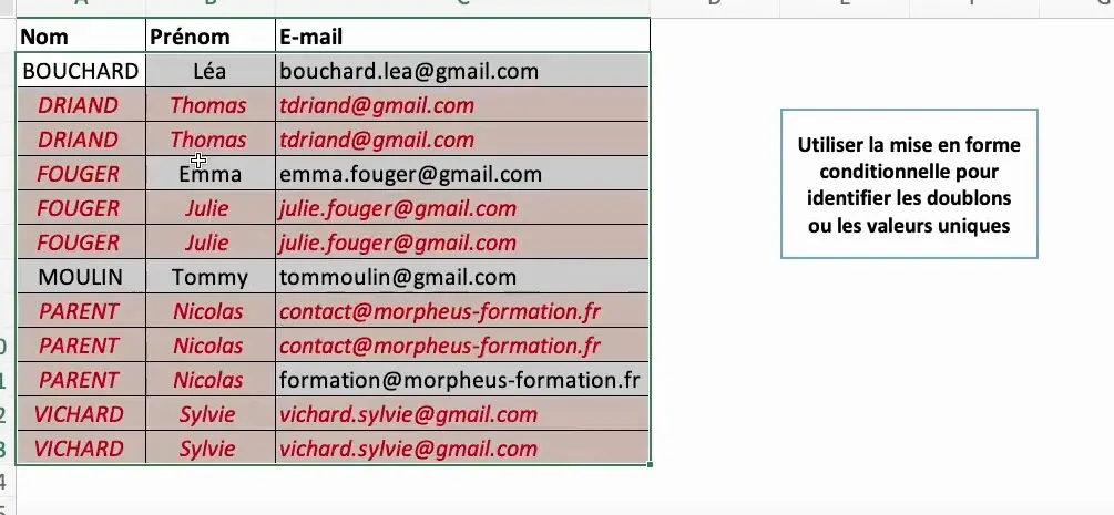Résultat pour identifier les doublons dans Excel grâce à la mise en forme conditionnelle