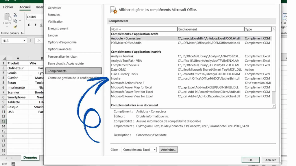 Inquire dans Compléments d'application inactifs
