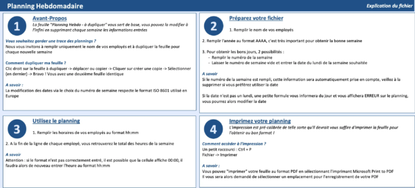 Planning hebdomadaire de travail Excel Notice