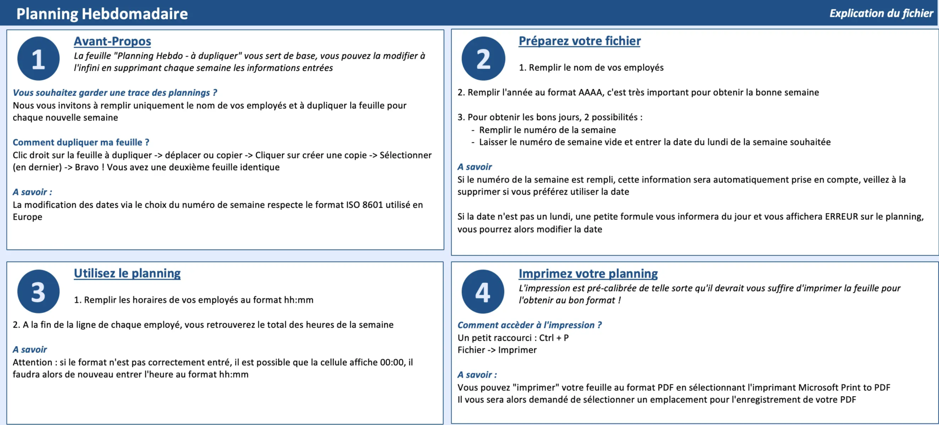 Planning hebdomadaire de travail Excel Notice d'utilisation