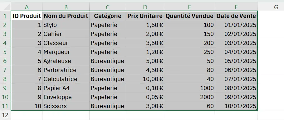 Exemple pour sélectionner les cellules du tableau à mettre en forme afin de colorer une ligne sur deux