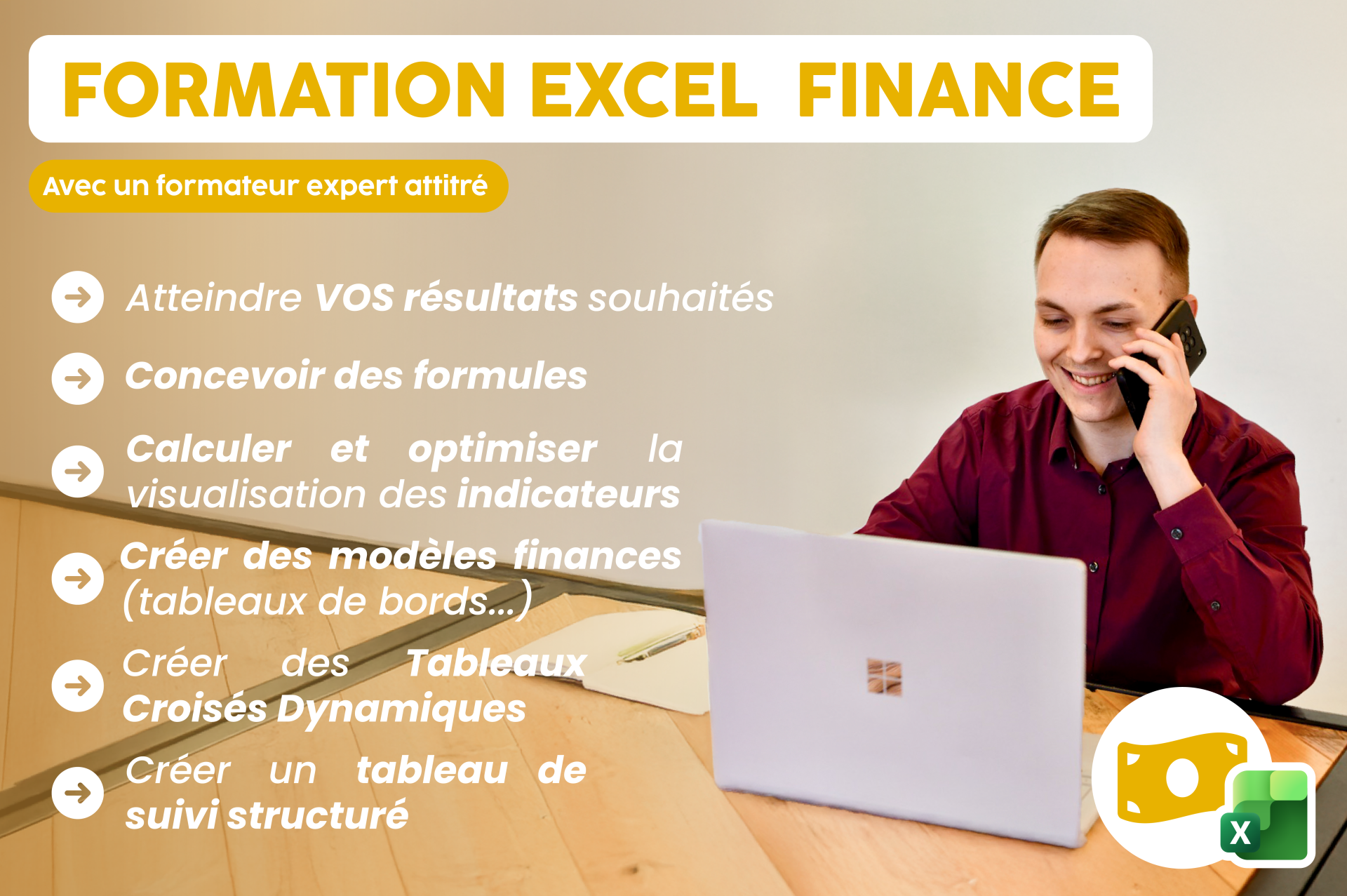 Photographie d'une séance de formation Excel pour les financiers