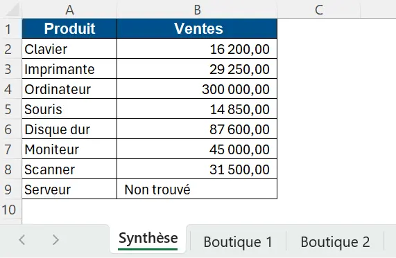 Exemple résultat synthèse RECHERCHEV dans plusieurs onglets sur Excel