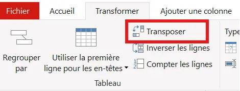 fonctionnalité « Transposer une table » dans Power Query