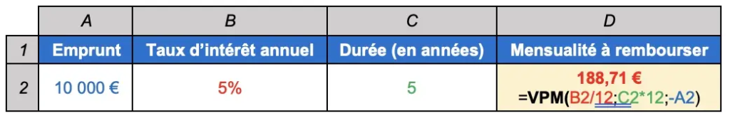 Exemple Excel calculer une mensualité
