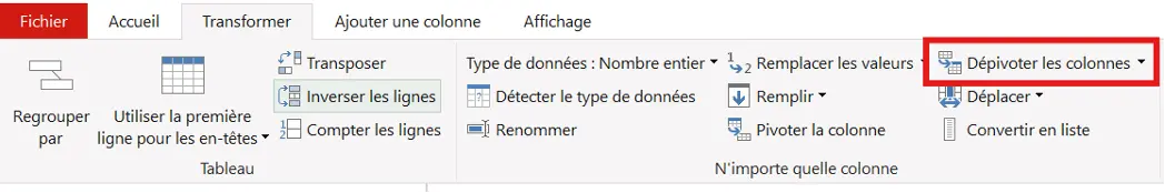 la fonctionnalité Dépivoter les colonnes Power Query