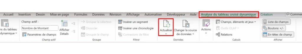 Actualiser les données d'un TCD