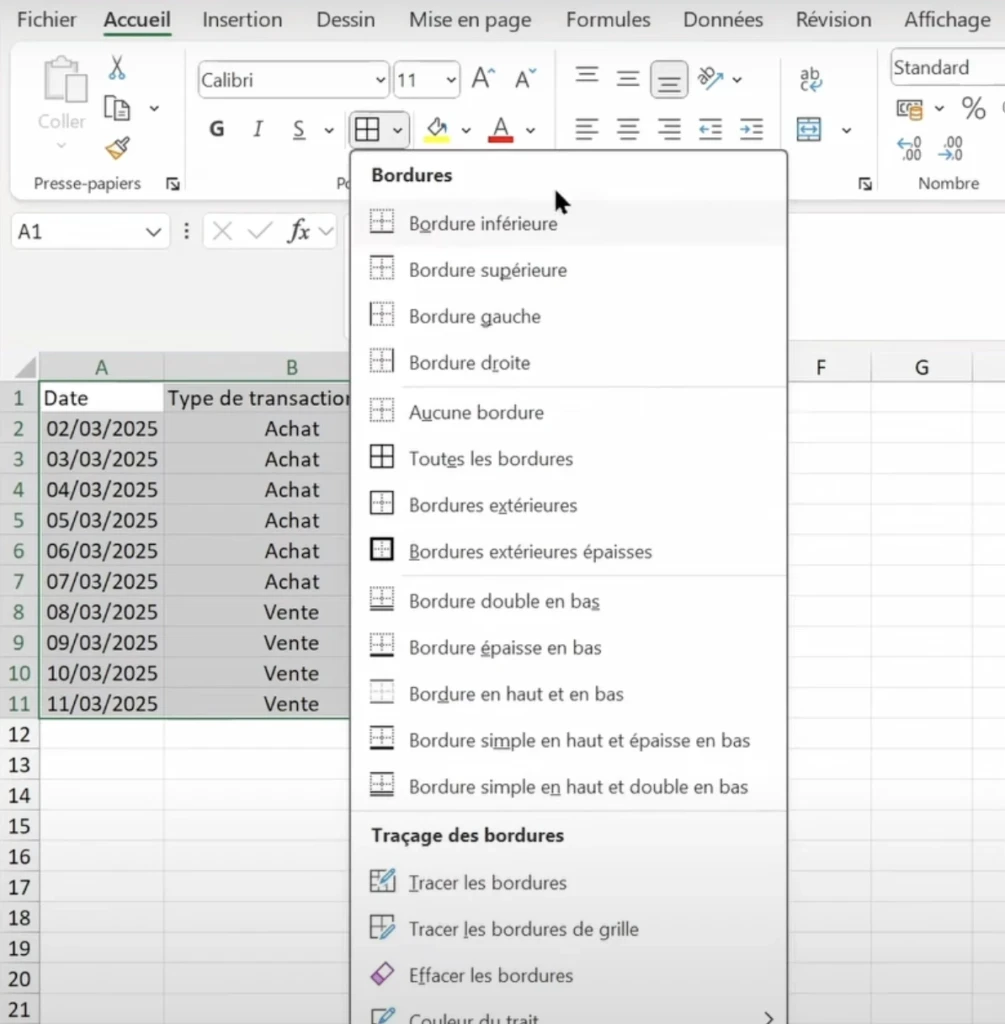 Appliquer des bordures à un tableau Excel