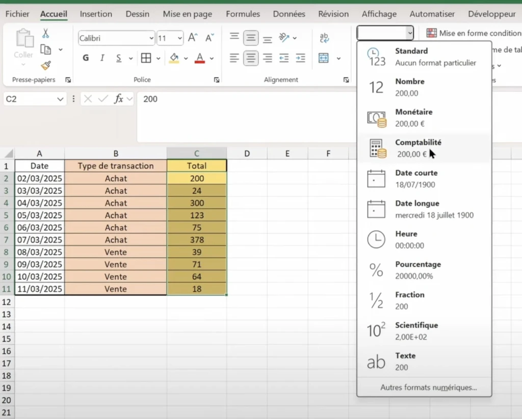 Choisir le format Comptabilité pour des cellules Excel