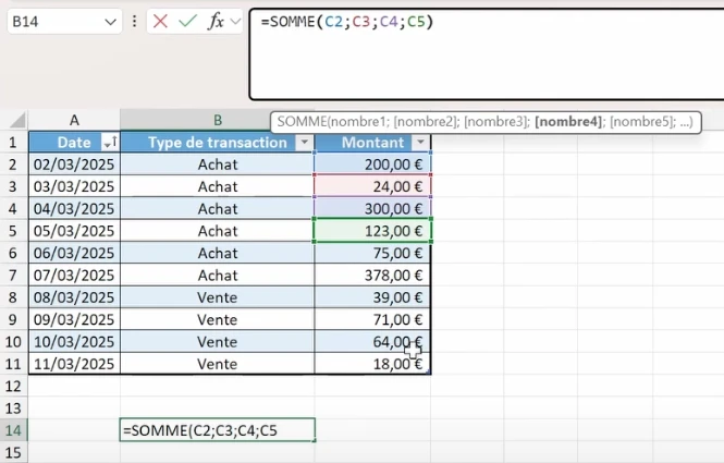 Exemple d'utilisation de la fonction SOMME pour calculer les données d'un tableau Excel