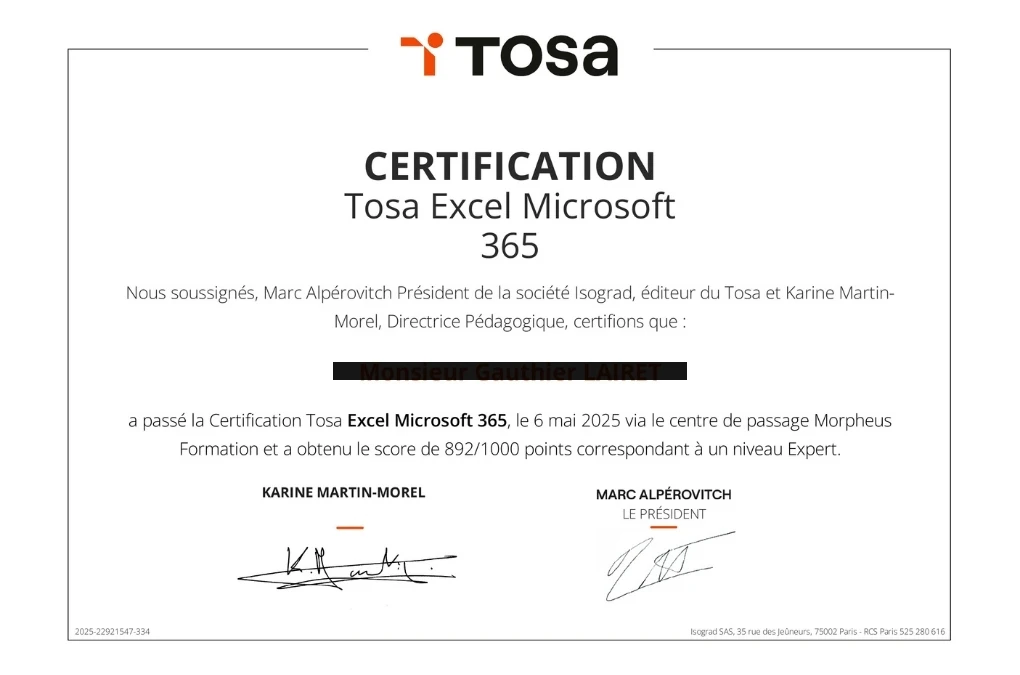 Formation Excel préparation TOSA Excel