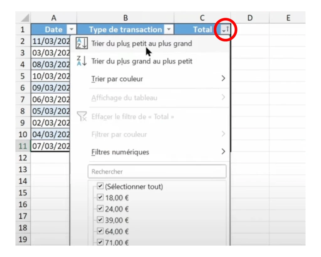 Trier des données d'un tableau Excel