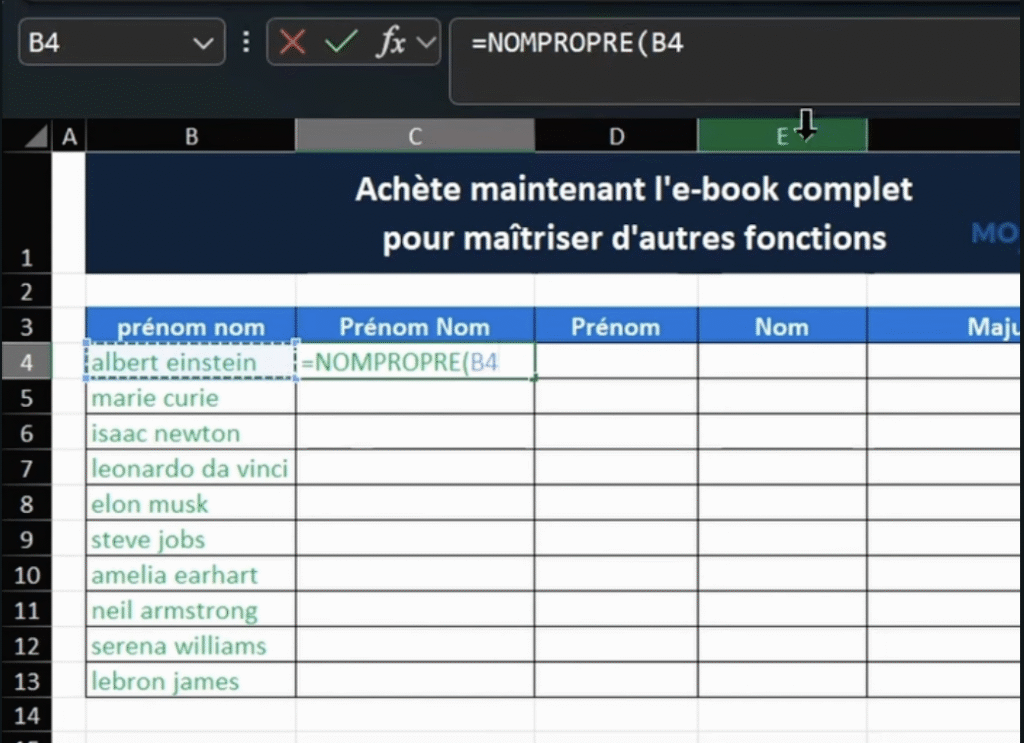 Appliquer la formule =NOMPROPRE sur Excel