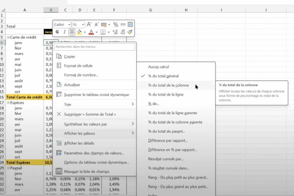 Calculer le pourcentage d'un TCD par colonne sur Excel