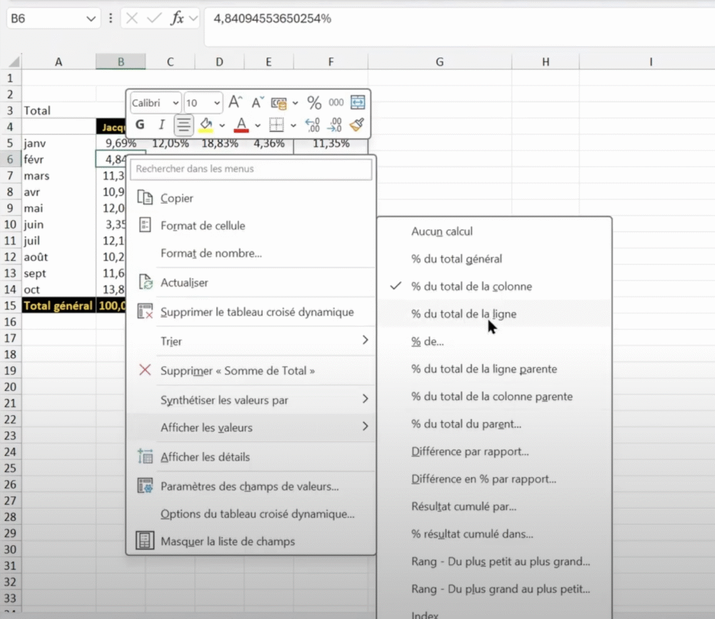 Calculer le pourcentage d'un TCD par ligne sur Excel